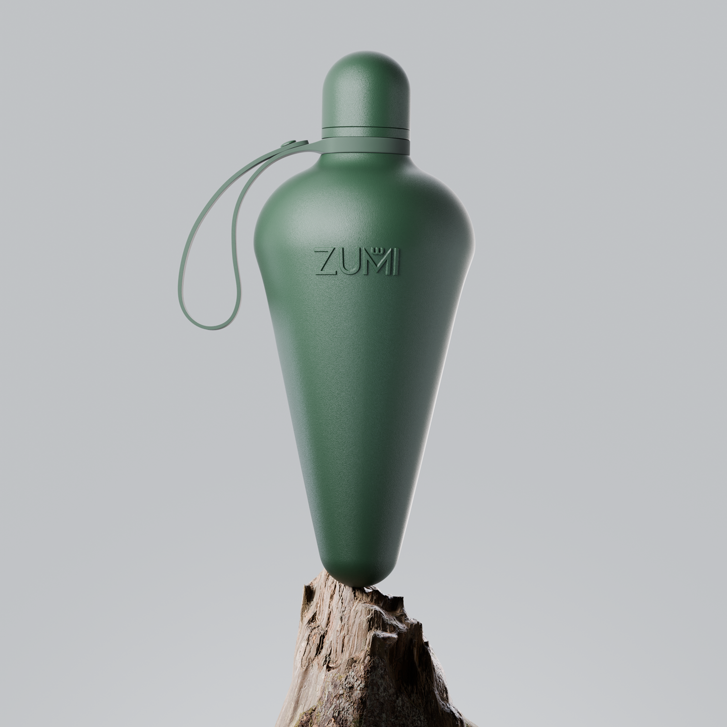 A Green stainless steel reusable water bottle with a loop on the lid, branded with 'ZUMI'.