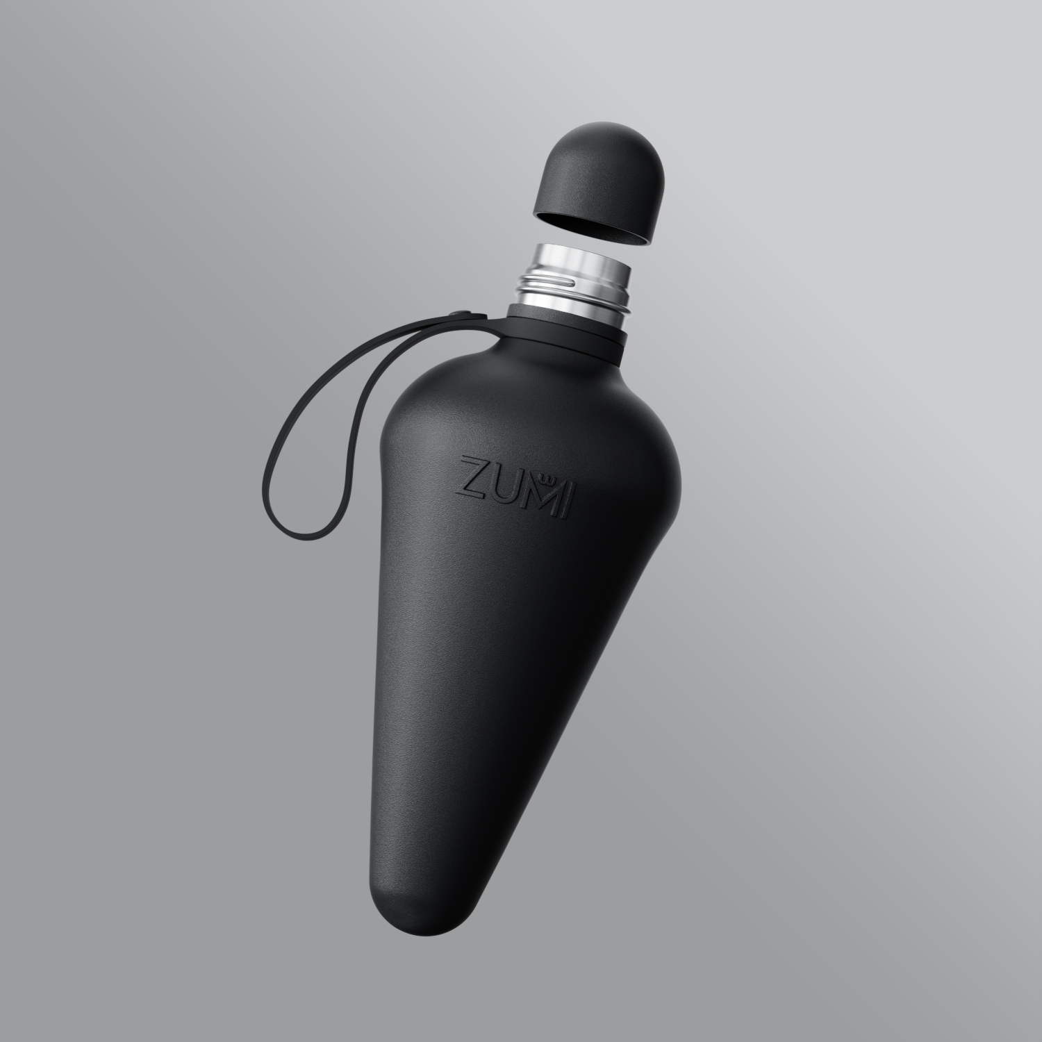 A black stainless steel reusable water bottle with a loop on the lid, branded with 'ZUMI'.