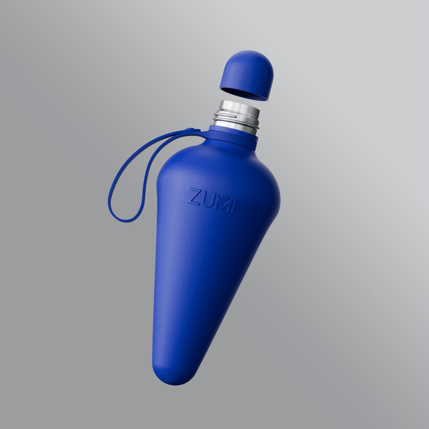 A Blue stainless steel reusable water bottle with a loop on the lid, branded with 'ZUMI'.