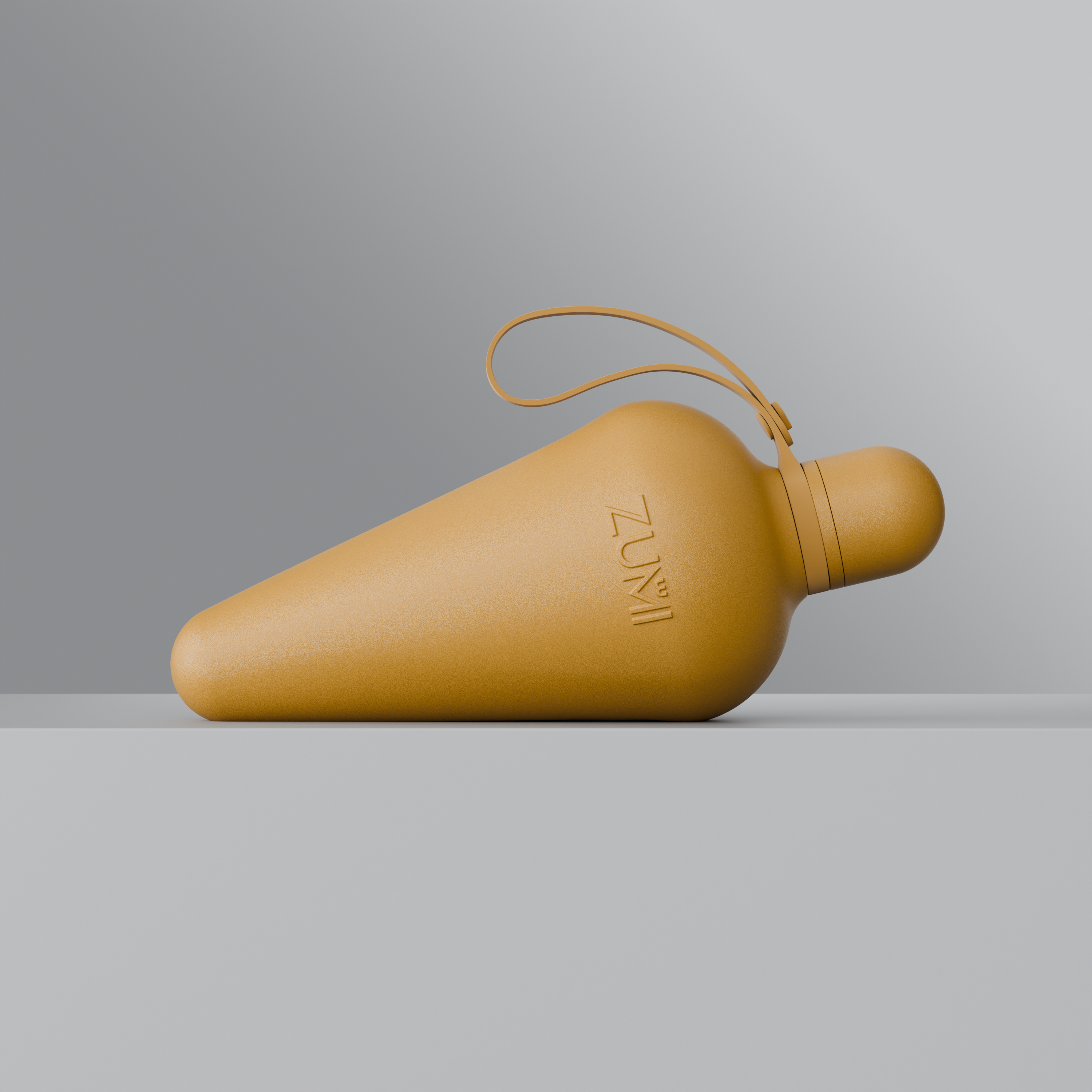 A beige stainless steel reusable water bottle with a loop on the lid, branded with 'ZUMI'.