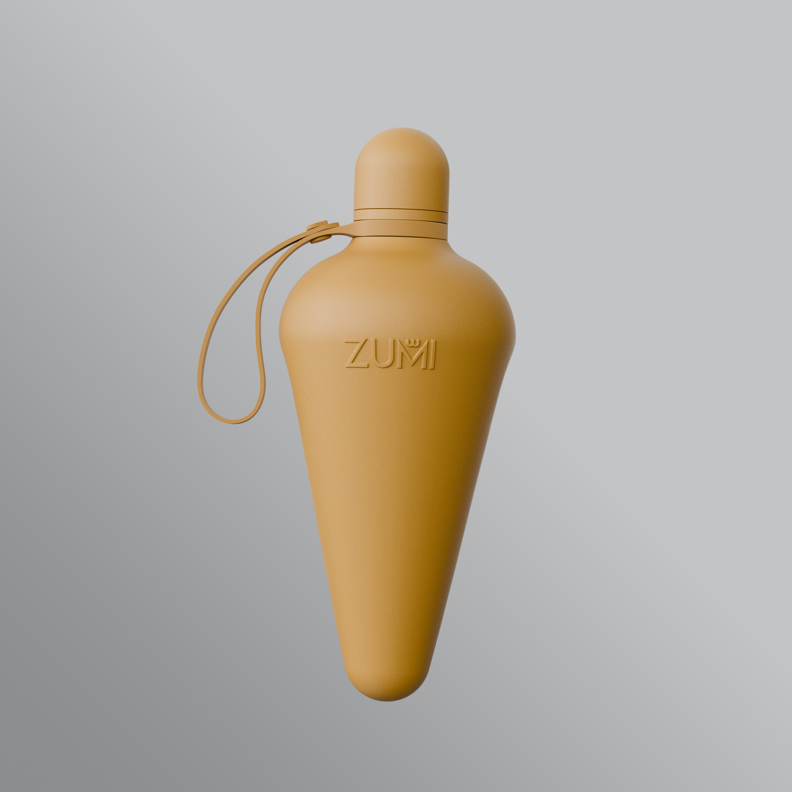 A beige stainless steel reusable water bottle with a loop on the lid, branded with 'ZUMI'.