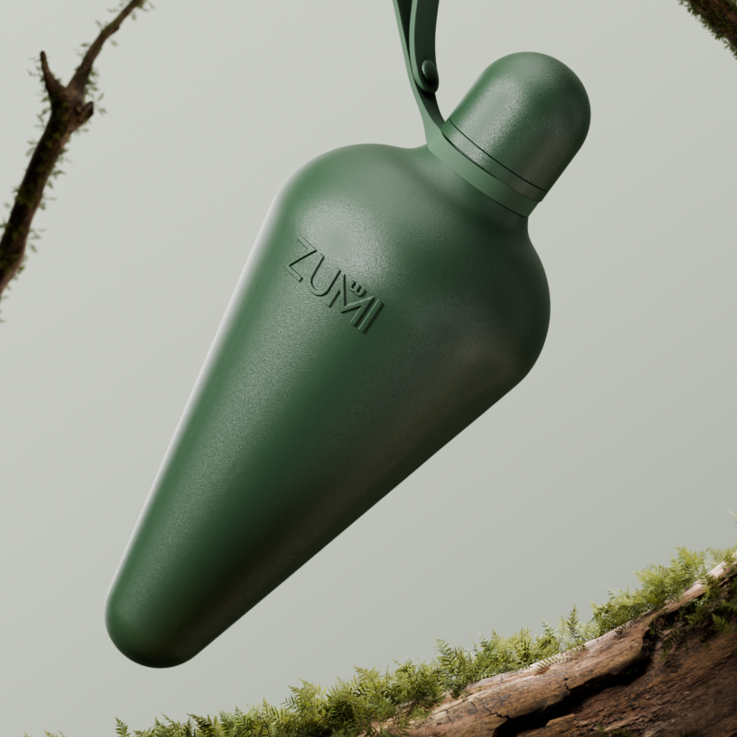 A Green stainless steel reusable water bottle with a loop on the lid, branded with 'ZUMI'.
