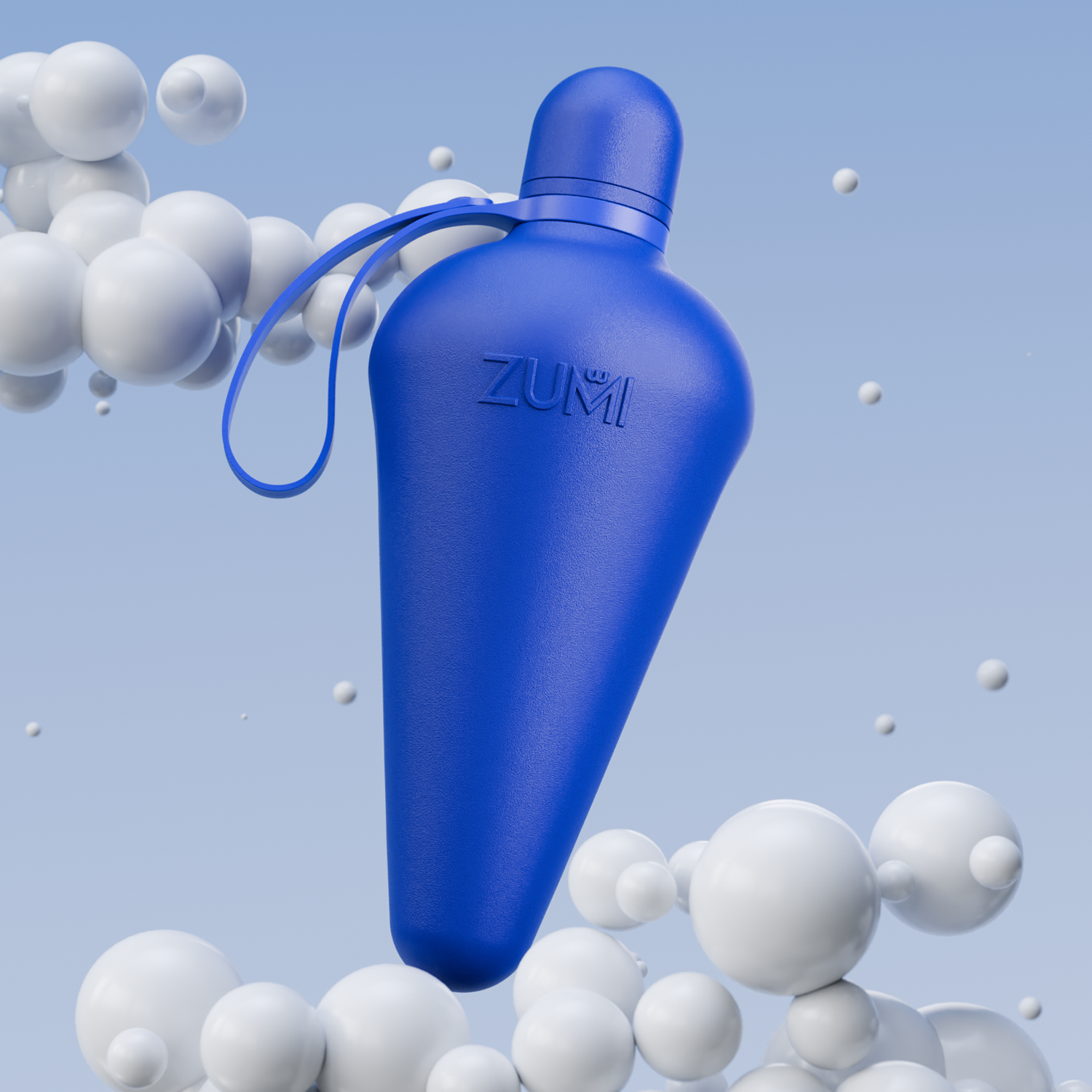 A Blue stainless steel reusable water bottle with a loop on the lid, branded with 'ZUMI'.
