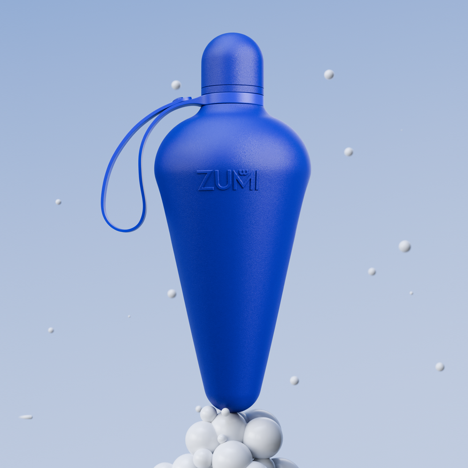 A Blue stainless steel reusable water bottle with a loop on the lid, branded with 'ZUMI'.