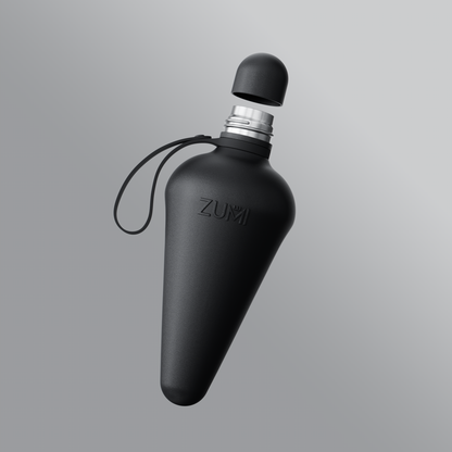 A black stainless steel reusable water bottle with a loop on the lid, branded with 'ZUMI'.
