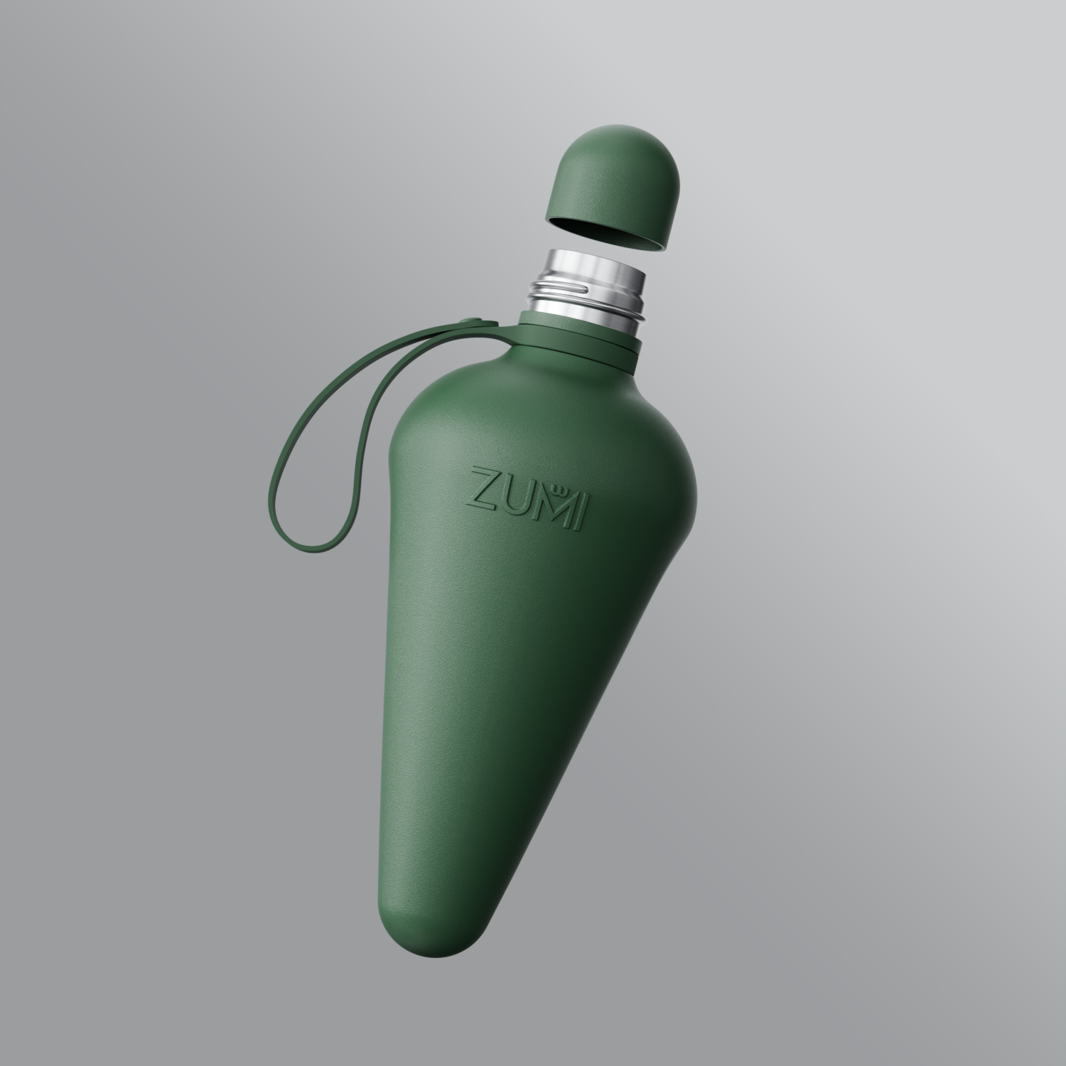 A Green stainless steel reusable water bottle with a loop on the lid, branded with 'ZUMI'.