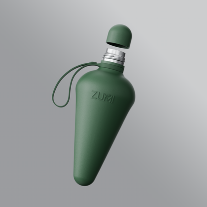 A Green stainless steel reusable water bottle with a loop on the lid, branded with 'ZUMI'.