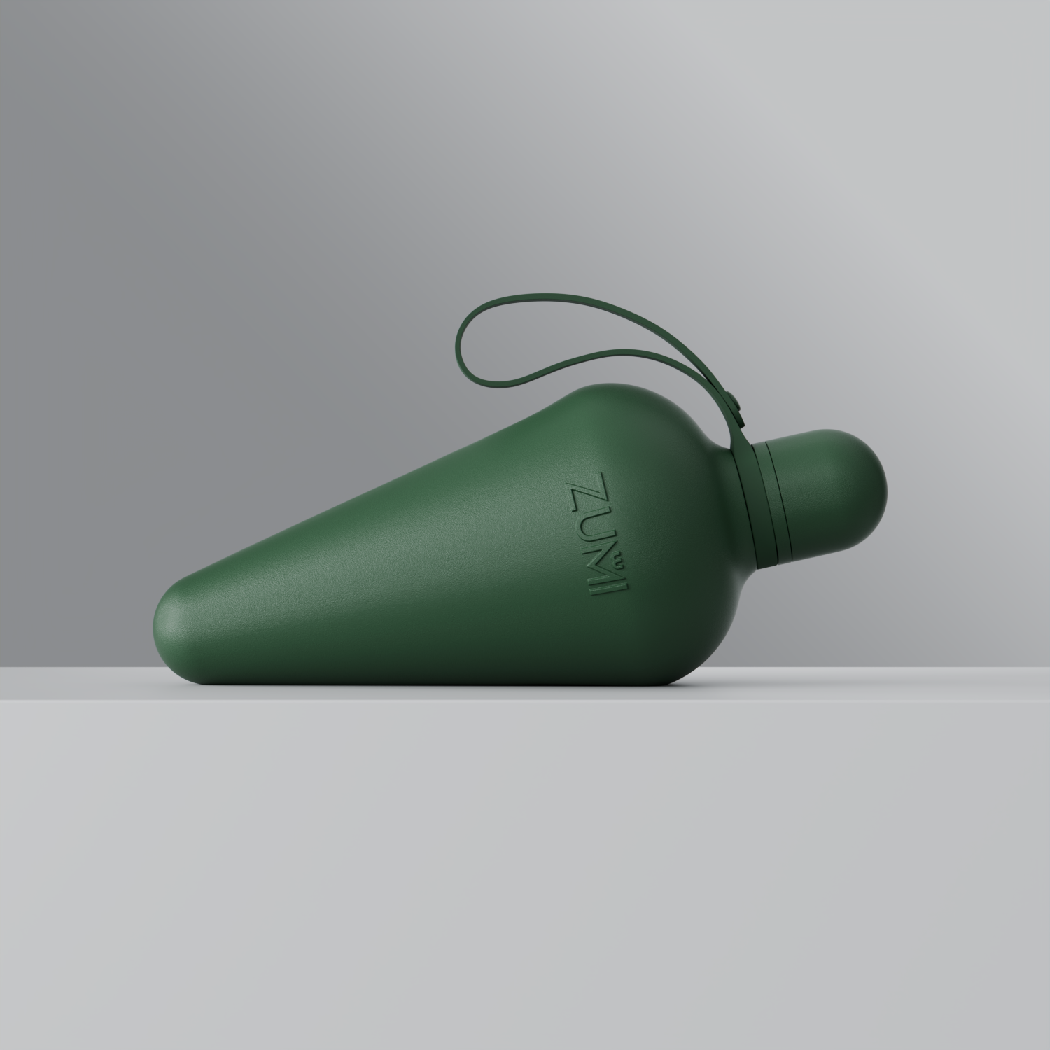 A Green stainless steel reusable water bottle with a loop on the lid, branded with 'ZUMI'.