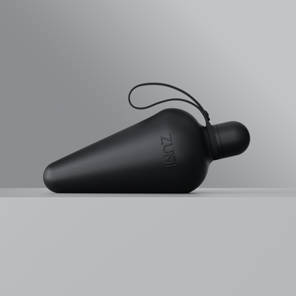 A black stainless steel reusable water bottle with a loop on the lid, branded with 'ZUMI'.