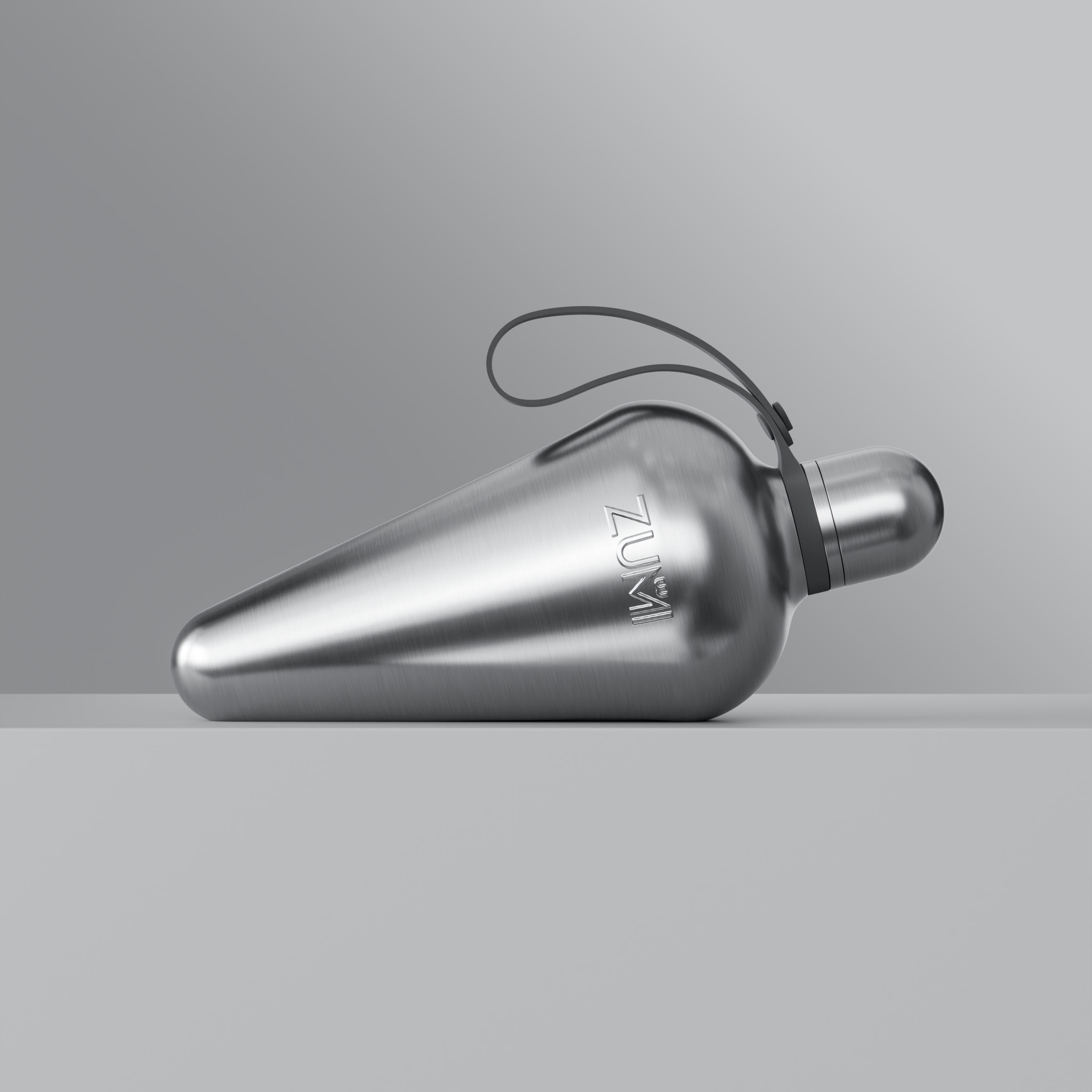 A stainless steel reusable water bottle with a loop on the lid, branded with 'ZUMI'.