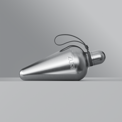 A stainless steel reusable water bottle with a loop on the lid, branded with 'ZUMI'.