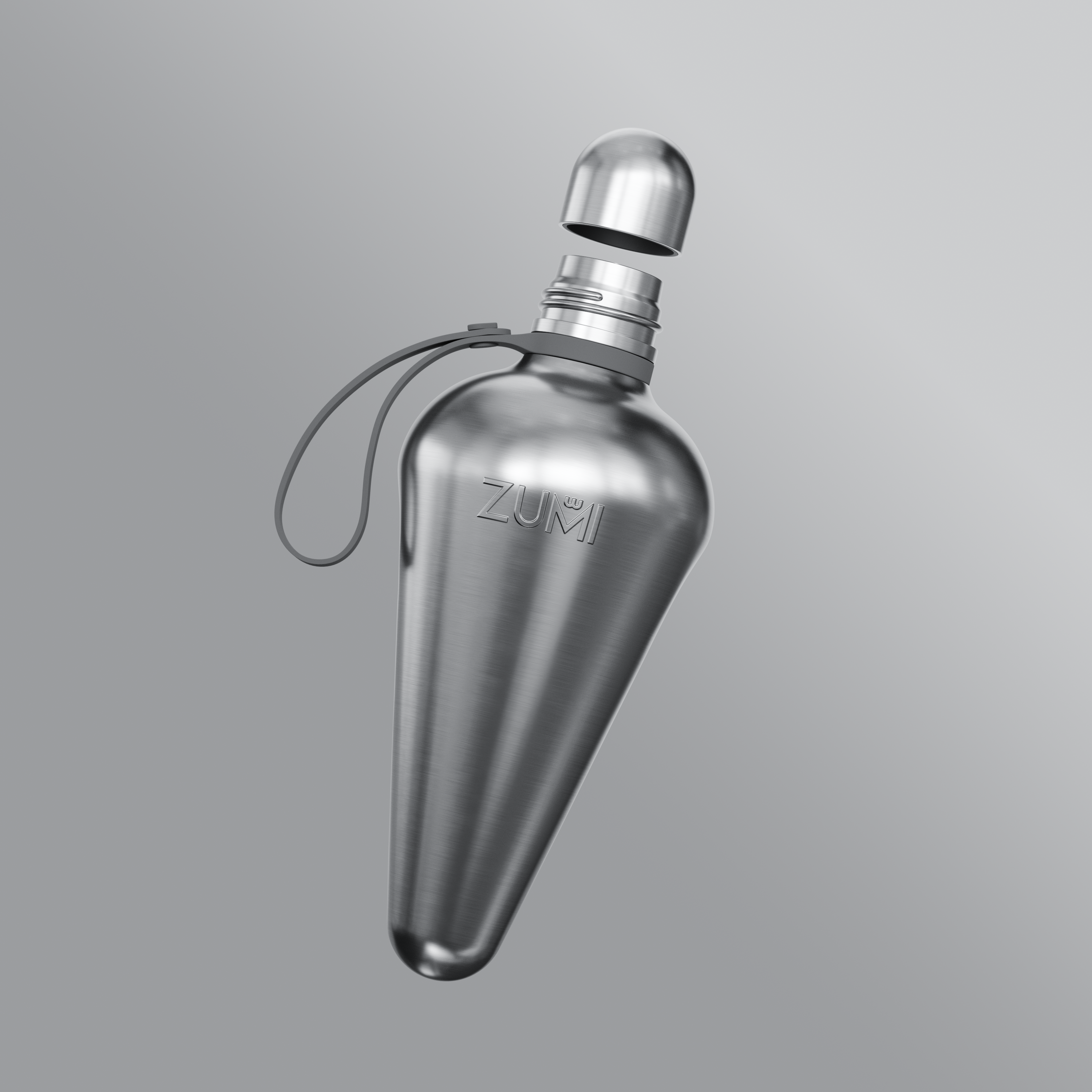 A stainless steel reusable water bottle with a loop on the lid, branded with 'ZUMI'.